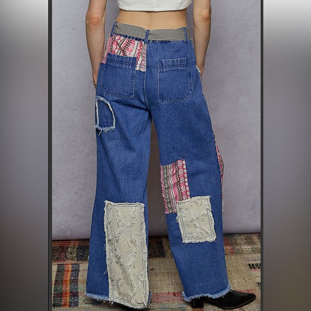 POL Denim Patchwork Wide-Leg Pants - Picture 2 of 5